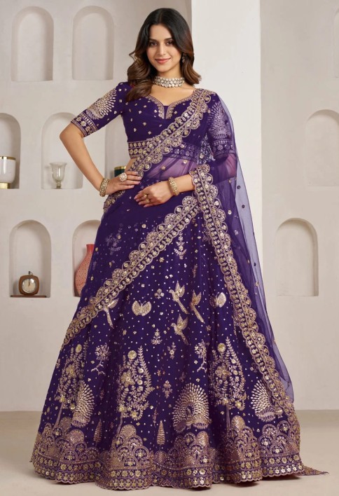 Diamond, Embroidered, Sequins and Zari Work Silk Lehenga Choli In Purple for Engagement